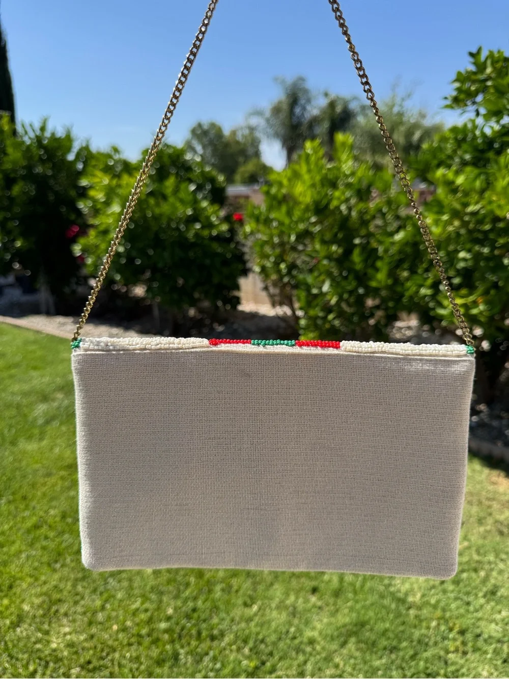 Beaded Floral Stripe Chain Shoulder Bag Purse Clutch Multicolor 100% Cotton